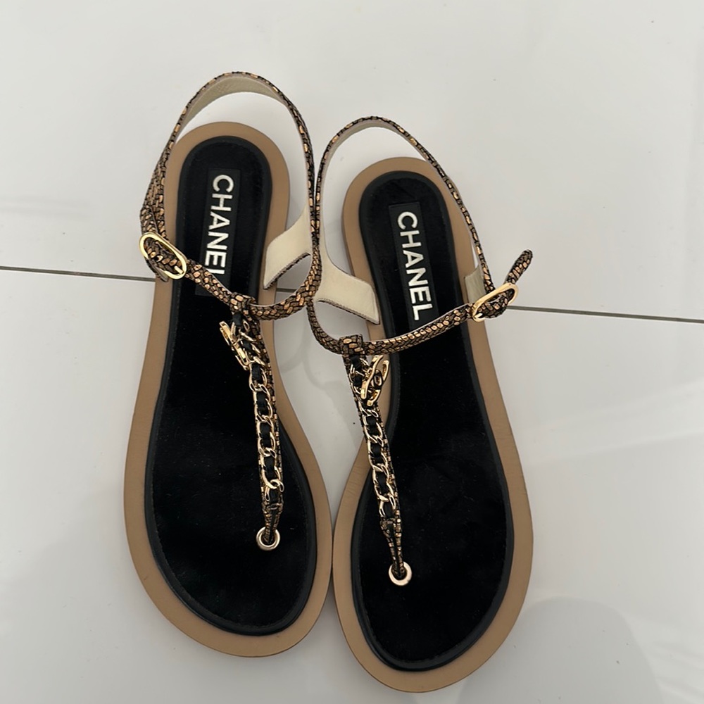 CHANEL Black and Gold Sandals